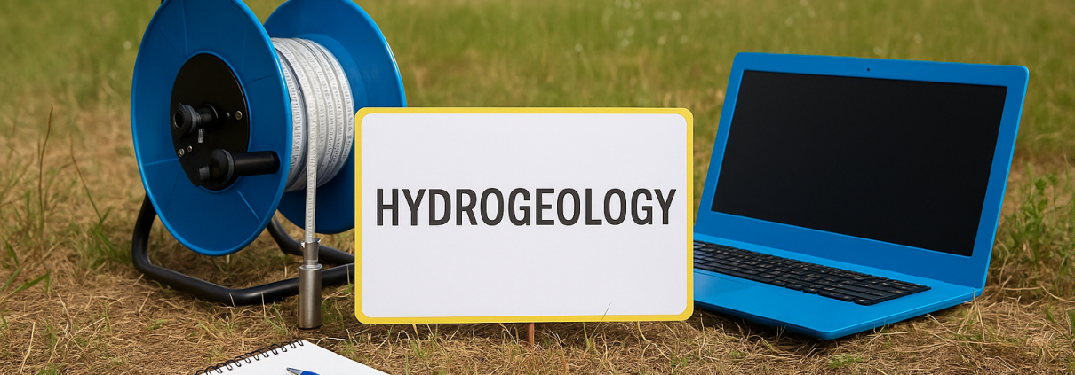 Matériel d'hydrogéologie en plein champ : ordinateur portable, carnet, sonde et panneau indiquant 'Hydrogeology