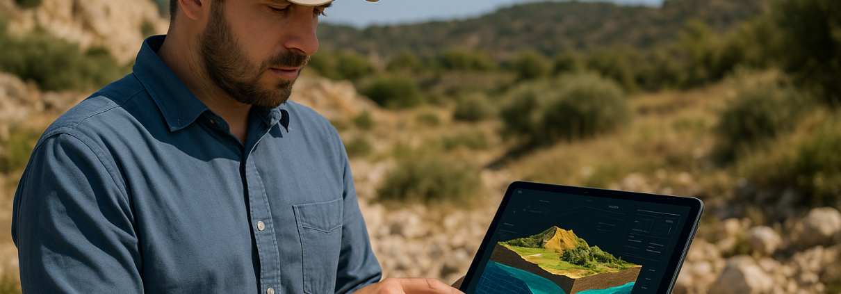 hydrogéologue utilisant une tablette avec modélisation 3D en milieu méditerranéen