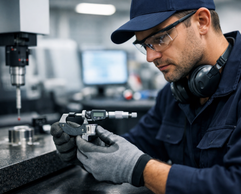 Technicien utilisant un instrument de métrologie pour un contrôle de précision en milieu industriel