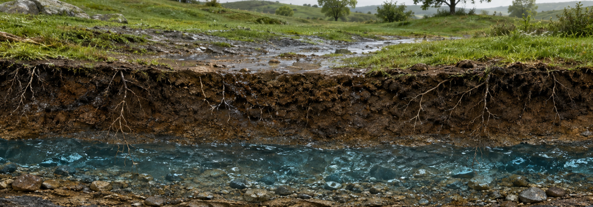 Illustration photoréaliste en coupe du sol montrant l’infiltration de l’eau de pluie et la formation d’une nappe phréatique
