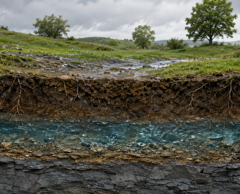 Illustration photoréaliste en coupe du sol montrant l’infiltration de l’eau de pluie et la formation d’une nappe phréatique